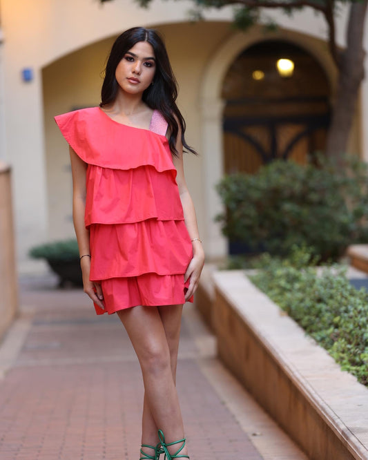 Vida Cotton Silk Layered Ruffle Dress - Pink and Beige