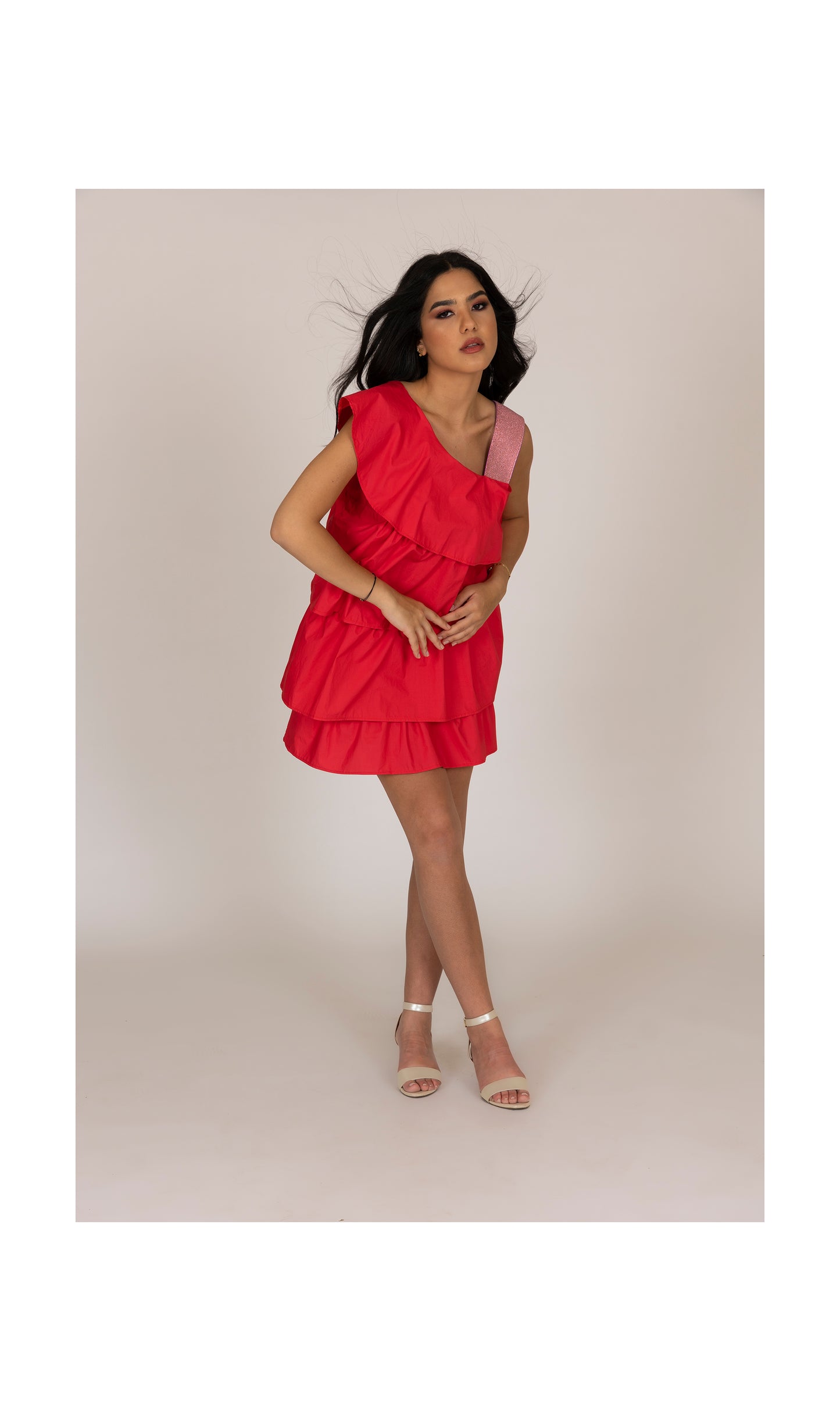 Vida Cotton Silk Layered Ruffle Dress - Pink and Beige